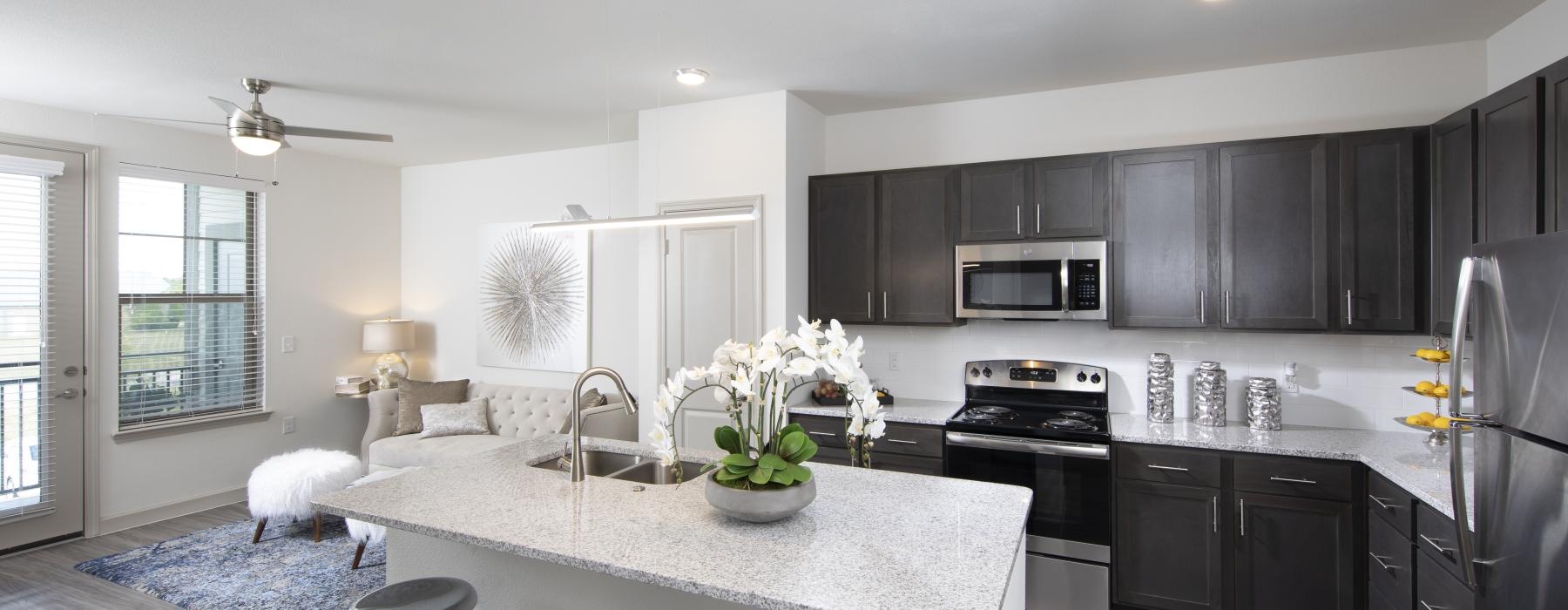 a kitchen with black cabinets